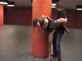 Bound babe pounded and facialized in subway station